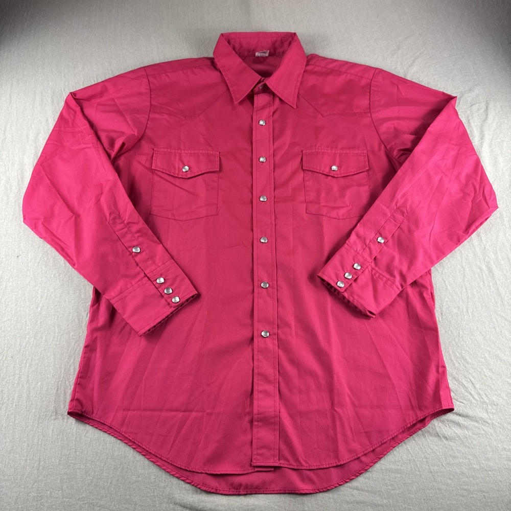 Malco Modes Western Pearl Snap Shirt Mens 17 Pink Made in USA Vintage Cowboy Top